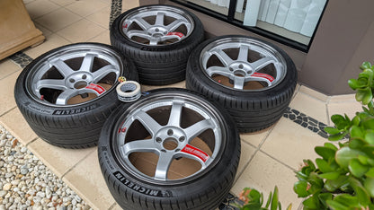 RAYS Volk Racing TE37SL Diamond Silver / Pressed Graphite | 5x114.3 | 18x10.5 +15 | Near New | Michelin PS4 Tyres | Discontinued