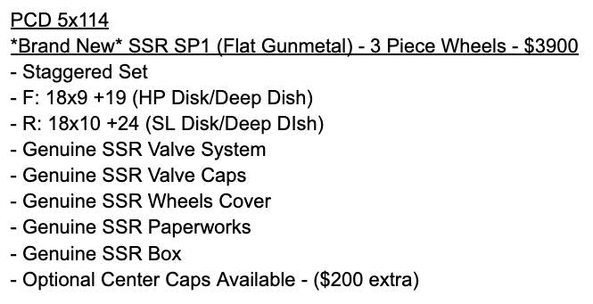 *Brand New* SSR SP1 (Flat Gunmetal) - 3 Piece Wheels - 5x114.3 - F: 18x9 +19 (HP Disk/Deep Dish)  - R: 18x10 +24 (SL Disk/Deep DIsh)