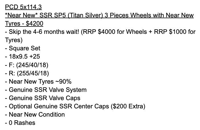 SSR SP5 (Titan Silver) - 3 Piece Wheels - 5x114.3 - 18x9.5 +25