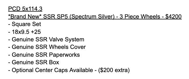 *Brand New* SSR SP5 (Spectrum Silver) - 3 Piece Wheels - 5x114.3 - 18x9.5 +25