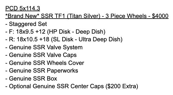 *Brand New* SSR TF1 (Titan Silver) - 3 Piece Wheels - 5x114.3 - F: 18x9.5 +12 (HP Disk - Deep Dish) - R: 18x10.5 +18 (SL Disk - Ultra Deep Dish)