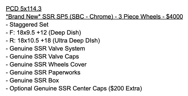 *Brand New* SSR SP5 (SBC - Chrome) - 3 Piece Wheels - F: 18x9.5 +12 (Deep Dish)  - R: 18x10.5 +18 (Ultra Deep DIsh)