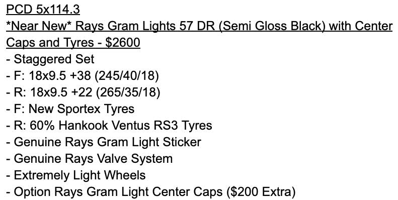 Rays Gramlight 57 DR (Semi Gloss Black) with Center Caps and Tyres
