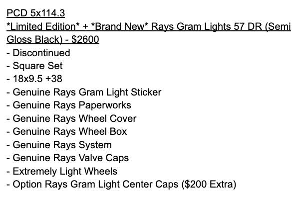 *Brand New* Rays Gram Lights 57 DR (Semi Gloss Black) - 5x114.3 - 18x9.5 +38