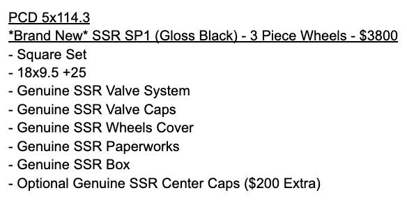 *Brand New* SSR SP1 (Gloss Black) - 3 Piece Wheels - 5x114.3 - 18x9.5 +25