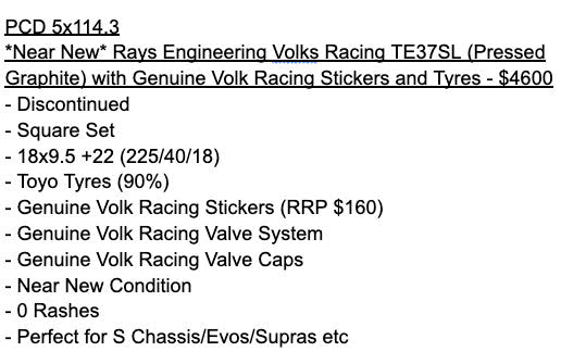 RAYS Volk Racing TE37SL (Pressed Graphite) with Genuine Volk Racing Stickers and Tyres - 5x114.3 - 18x9.5 +22 (225/40/18)