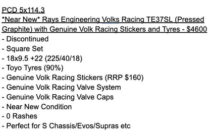 RAYS Volk Racing TE37SL (Pressed Graphite) with Genuine Volk Racing Stickers and Tyres - 5x114.3 - 18x9.5 +22 (225/40/18)