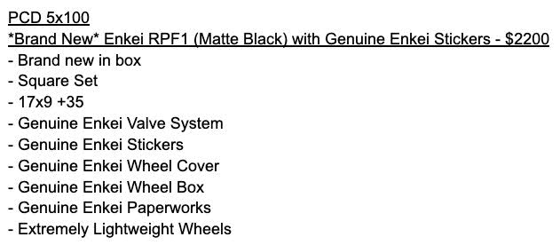 *Brand New* Enkei RPF1 (Matte Black) - PCD 5x100 - 17x9 +35
