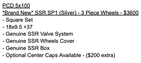 *Brand New* SSR SP1 (Silver) - 3 Piece Wheels - 5x100 - 18x9.5 +37