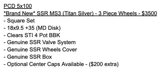 *Brand New* SSR MS3 (Titan Silver) - 3 Piece Wheels - 5x100 - 18x9.5 +35 (MD Disk)