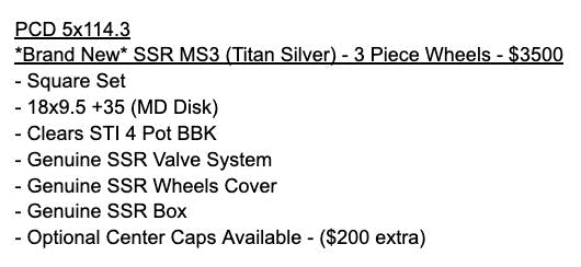 *Brand New* SSR MS3 (Titan Silver) - 3 Piece Wheels - 5x114.3 - 18x9.5 +35 (MD Disk)