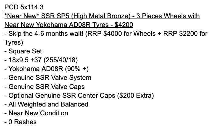 *Near New* SSR SP5 (High Metal Bronze) - Near New Yokohama AD08R Tyres - 5x114.3 - 18x9.5 +37