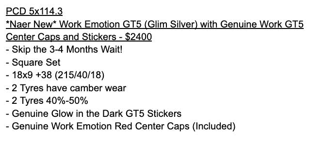 *Near New* Work Emotion GT5 (Glim Silver) with Genuine Work GT5 Center Caps - 5x114.3 - 18x9 +38