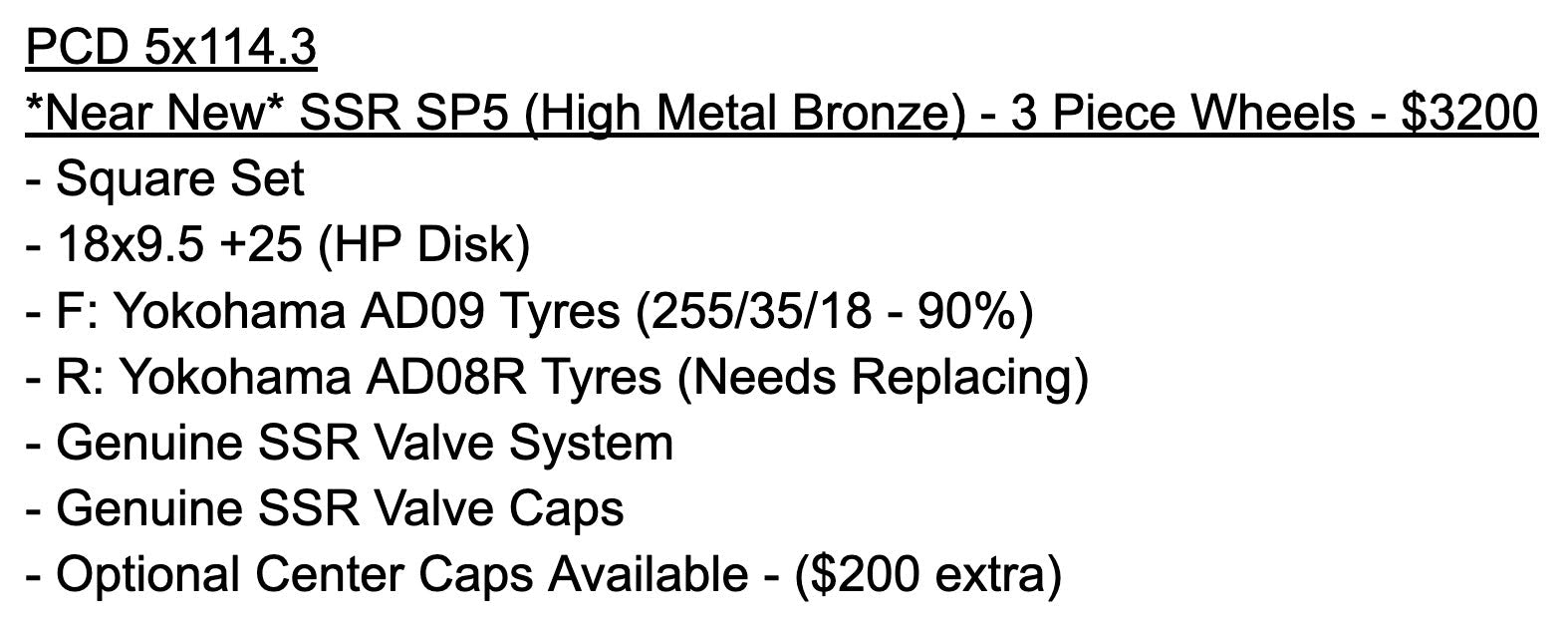 *Near New* SSR SP5 (High Metal Bronze) - 3 Piece Wheels - PCD 5x114.3 - 18x9.5 +25 (HP Disk)