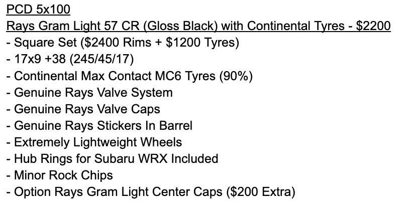 Rays Gram Light 57 CR (Gloss Black) with Near New Continental Tyres and Center Caps - 5x100 17x9 +38 (245/45/17)