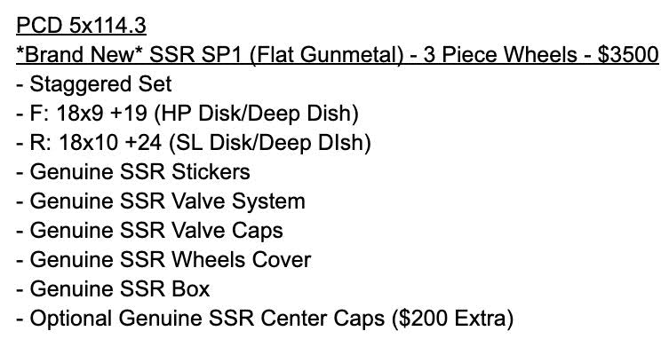 *Brand New* SSR SP1 (Flat Gunmetal) - 5x114.3 - F: 18x9 +19 (HP Disk/Deep Dish) - R: 18x10 +24 (SL Disk/Deep DIsh)