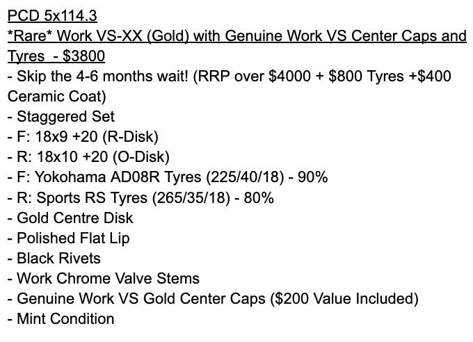 PCD 5x114.3  *Rare* Work VS-XX (Gold) with Genuine Work VS Center Caps and Tyres - 5x114.3 - F: 18x9 +20 (R-Disk)  - R: 18x10 +20 (O-Disk)