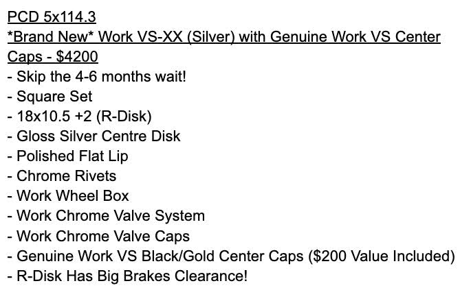 *Brand New* Work VS-XX (Silver) with Genuine Work VS Center Caps - 5x114.3 - 18x10.5 +2 (R-Disk)