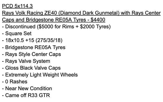 Rays Volk Racing ZE40 (Diamond Dark Gunmetal) with Rays Center Caps and Bridgestone RE050A Tyres - 5x114.3 - 18x10.5 +15 (275/35/18)