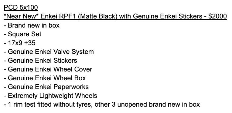 *Near New* Enkei RPF1 (Matte Black) with Genuine Enkei Stickers - 5x100 - 17x9 +35