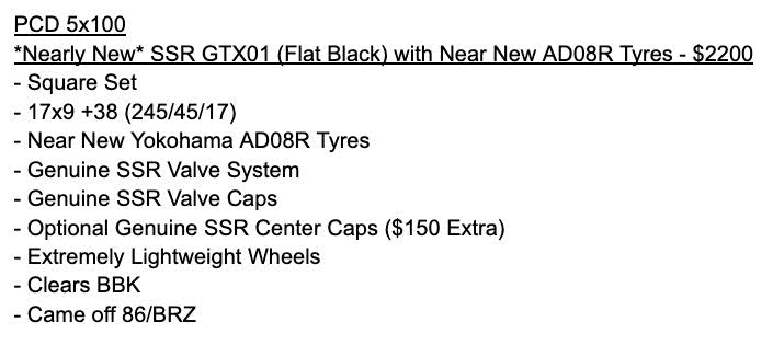 *Near New* SSR GTX01 (Flat Black) with Near New AD08R Tyres - 5x100 -17x9 +38 (245/45/17)