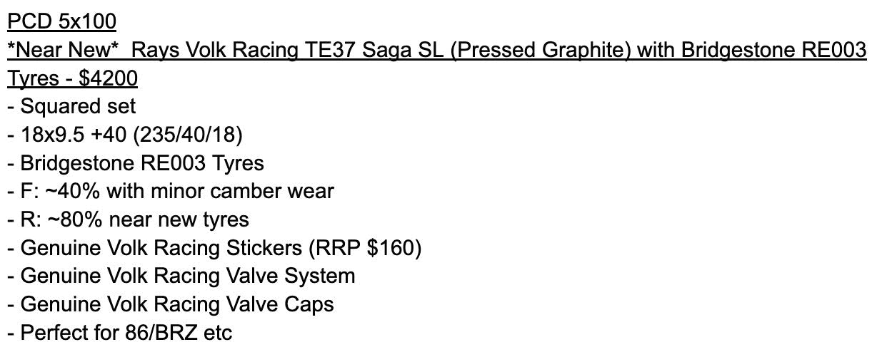 *Near New*&nbsp; Rays Volk Racing TE37 Saga SL (Pressed Graphite) with Bridgestone RE003 Tyres  - 5x100 - 18x9.5 +40 (235/40/18)