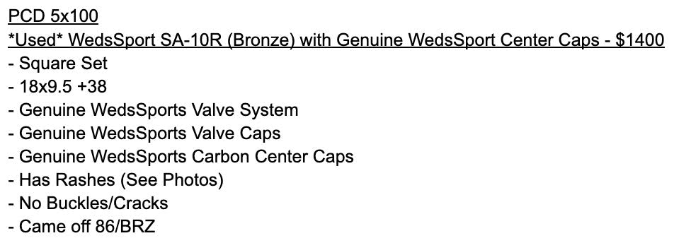 *Used* WedsSport SA-10R (Bronze) with Genuine WedsSport Center Caps - 5x100 - 18x9.5 +38
