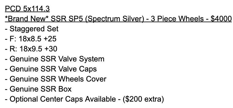 *Brand New* SSR SP5 (Spectrum Silver) - 3 Piece Wheels - 5x114.3 - F: 18x8.5 +25 - R: 18x9.5 +30