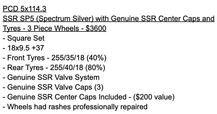 SSR SP5 (Spectrum Silver) with Genuine SSR Center Caps and Tyres - 3 Piece Wheels - 5x114.3 - 18x9.5 +37