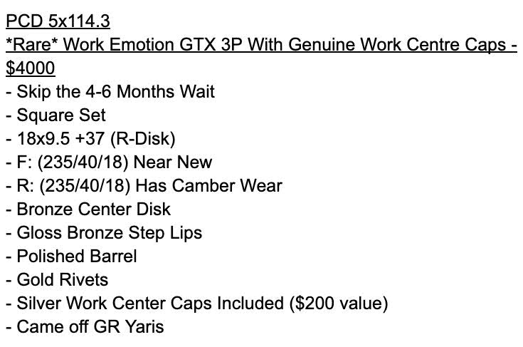 *Rare* Work Emotion GTX 3P With Genuine Work Centre Caps - 5x114.3 - 18x9.5 +37 (235/40/18)