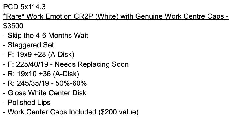 *Rare* Work Emotion CR2P (White) with Genuine Work Centre Caps - 5x114.3 - F: 19x9 +28 (A-Disk) - R: 19x10 +36 (A-Disk)