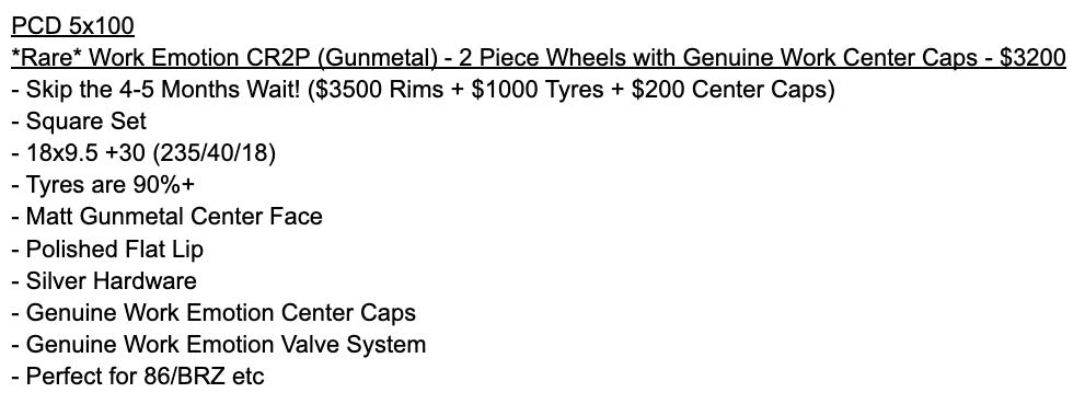 *Rare* Work Emotion CR2P (Gunmetal) - 2 Piece Wheels with Genuine Work Center Caps - 5x100 - 18x9.5 +30 (235/40/18)