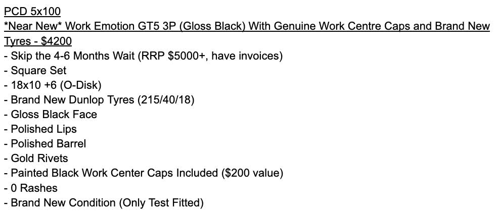 *Deep Dish* Work Emotion GT5 3P (Gloss Black) With Genuine Work Centre Caps and Brand New Tyres - 5x100 - 18x10 +6 (215/40/18)
