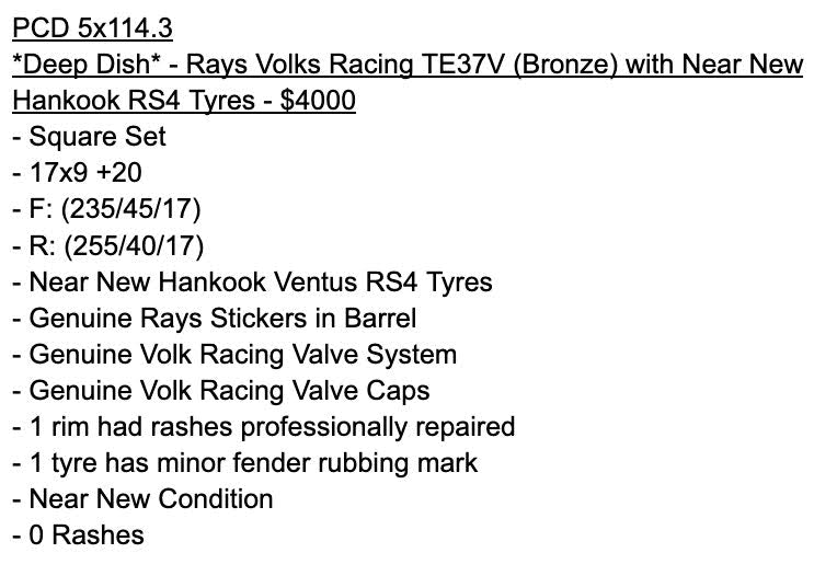 *Deep Dish* - Rays Volks Racing TE37V (Bronze) with Near New Hankook RS4 Tyres - 5x114.3 - 17x9 +20