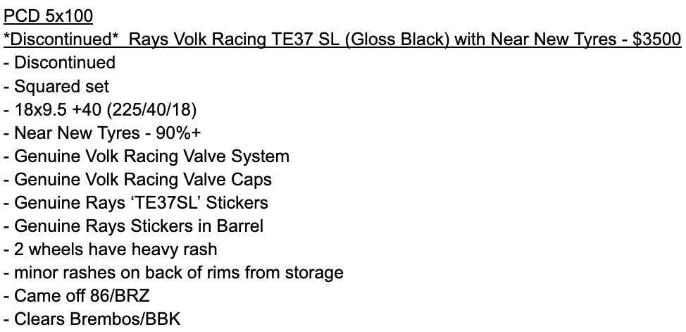 *Discontinued*&nbsp; Rays Volk Racing TE37 SL (Gloss Black) with Near New Tyres - 5x100 - 18x9.5 +40 (225/40/18)