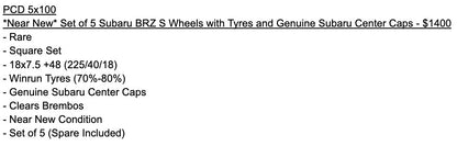 *Near New* Set of 5 Subaru BRZ S Wheels with Tyres and Genuine Subaru Center Caps - 5x100 - 18x7.5 +48 (225/40/18)