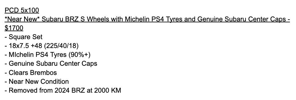 *Near New* Subaru BRZ S Wheels with Michelin PS4 Tyres and Genuine Subaru Center Caps - 5x100 - 18x7.5 +48