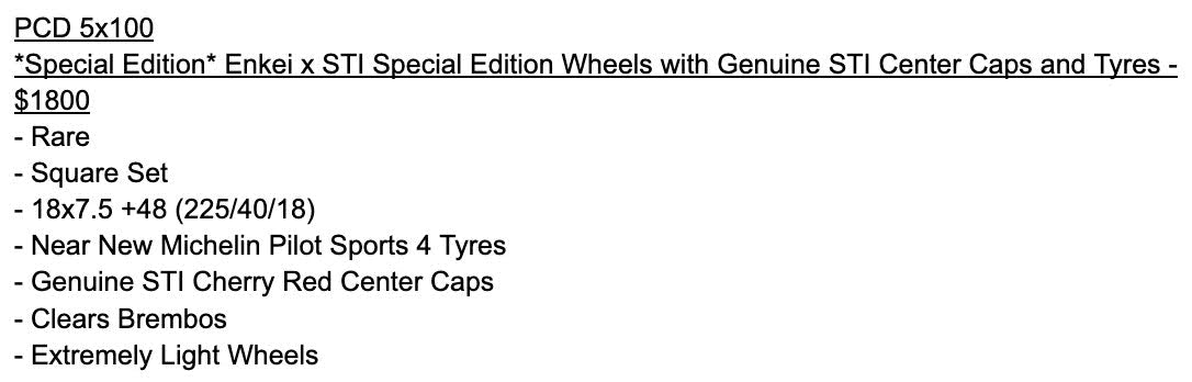 *Special Edition* Enkei x STI Special Edition Wheels with Genuine STI Center Caps and Tyres - 5x100 - 18x7.5 +48 (225/40/18)