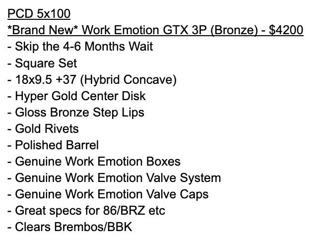 *Brand New* Work Emotion GTX 3P (Bronze) - 5x100 - 18x9.5 +37