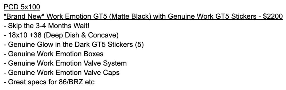 *Brand New* Work Emotion GT5 (Matte Black) with Genuine Work GT5 Stickers - 5x100 - 18x10+38