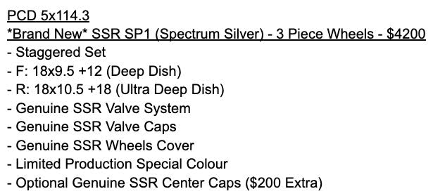 SSR SP1 Spectrum Silver | 5x114.3 | F: 18x9.5 +12 / R: 18x10.5 +18 | New | 3 Piece