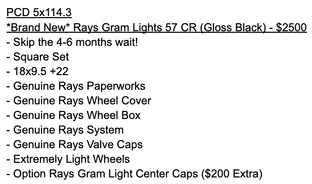 *Brand New* Rays Gram Lights 57 CR (Gloss Black) - 5x114.3 - 18x9.5 +22