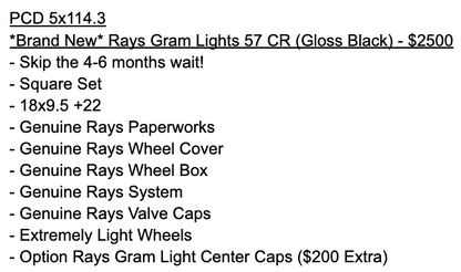 Rays Gram Lights 57 CR Gloss Black | 5x114.3 | 18x9.5 +22 | New
