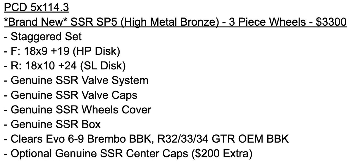 SSR SP5 High Metal Bronze | 5x114.3 | F: 18x9 +19 / R: 18x10 +24 | New | 3 Piece