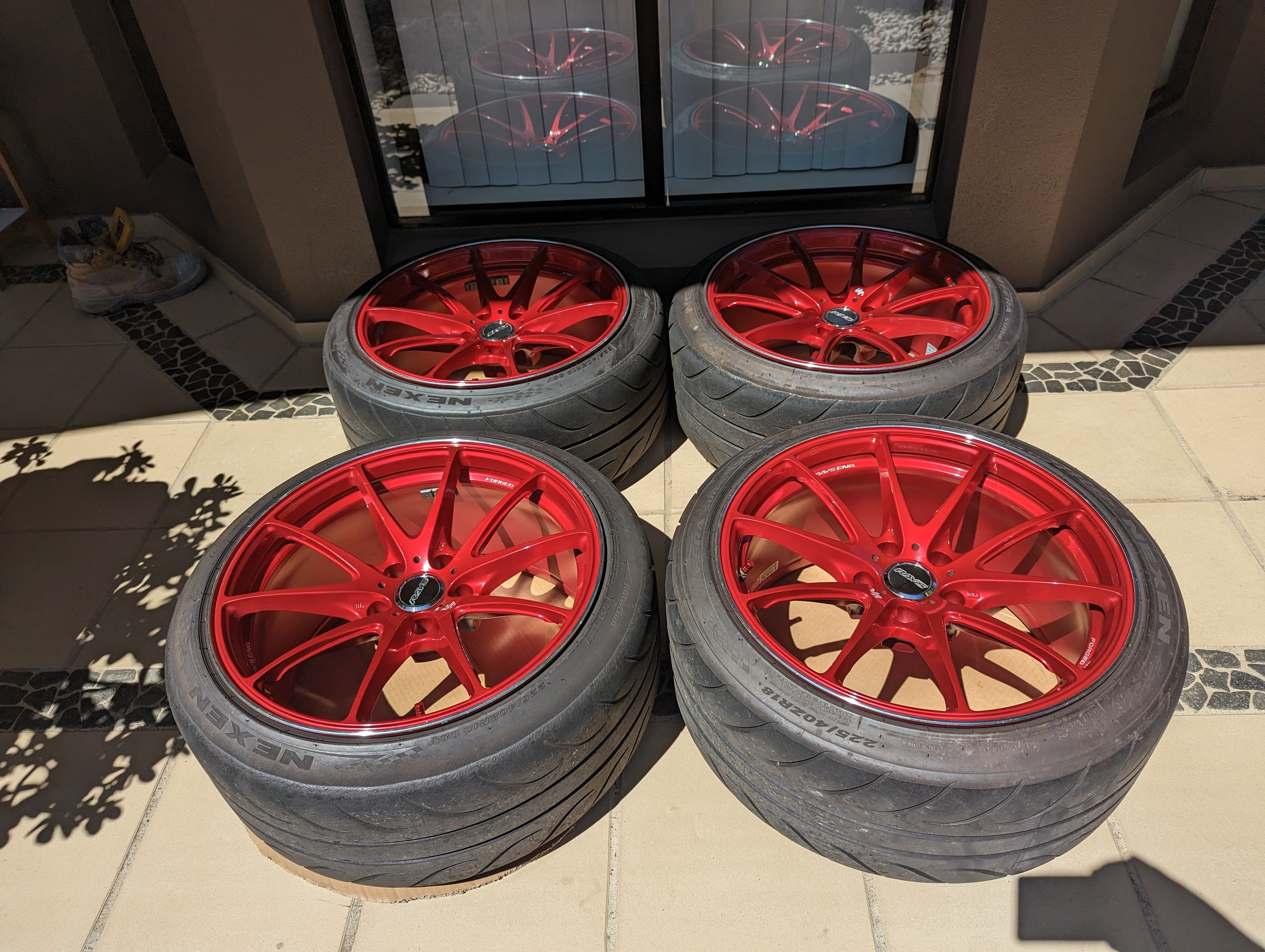 Rays Volk Racing G25 (Hyper Red) with Genuine Volk Racing Center Caps and Tyres - 5x114.3 - 18x9.5 +22
