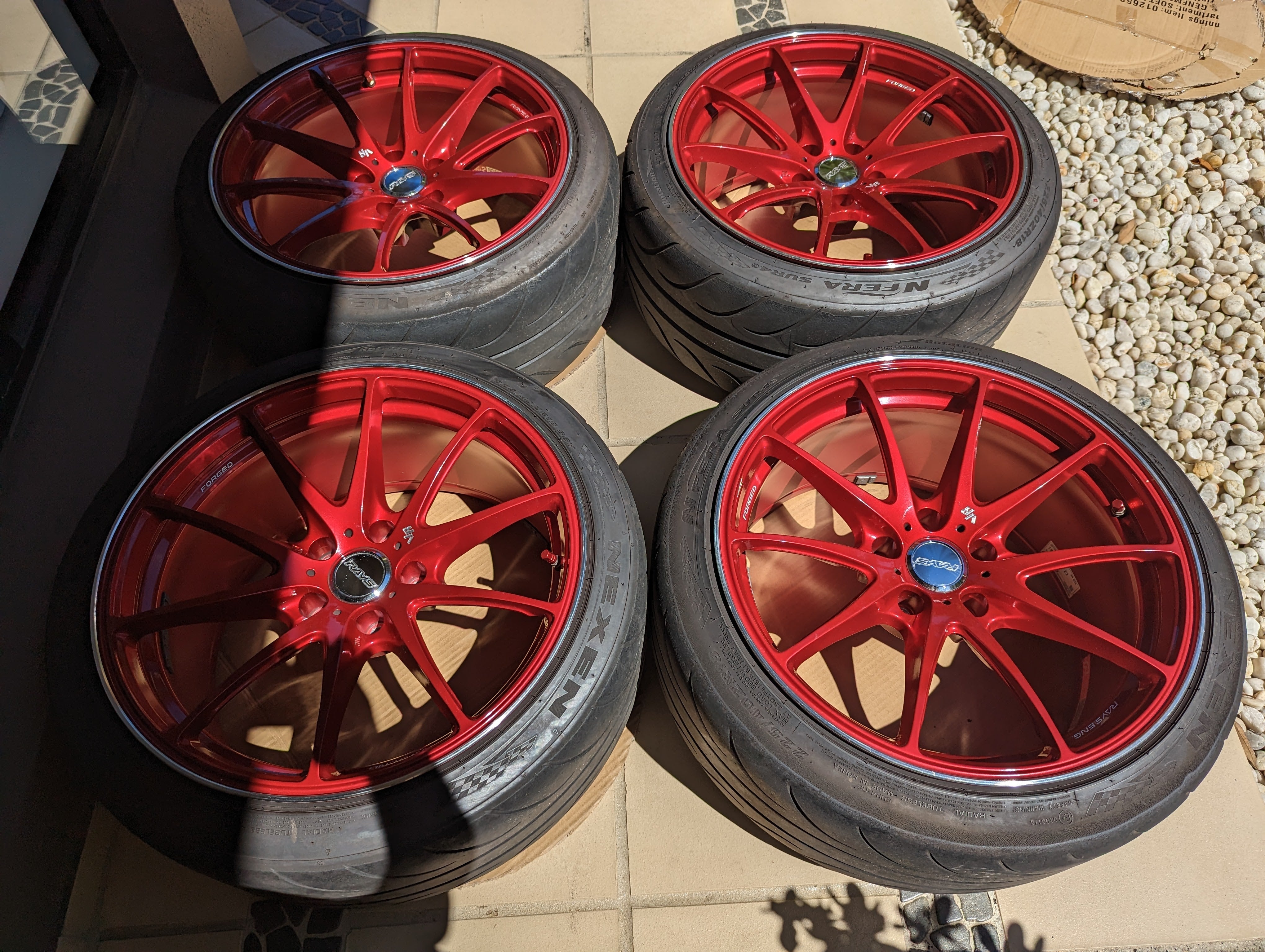 Rays Volk Racing G25 (Hyper Red) with Genuine Volk Racing Center Caps and Tyres - 5x114.3 - 18x9.5 +22