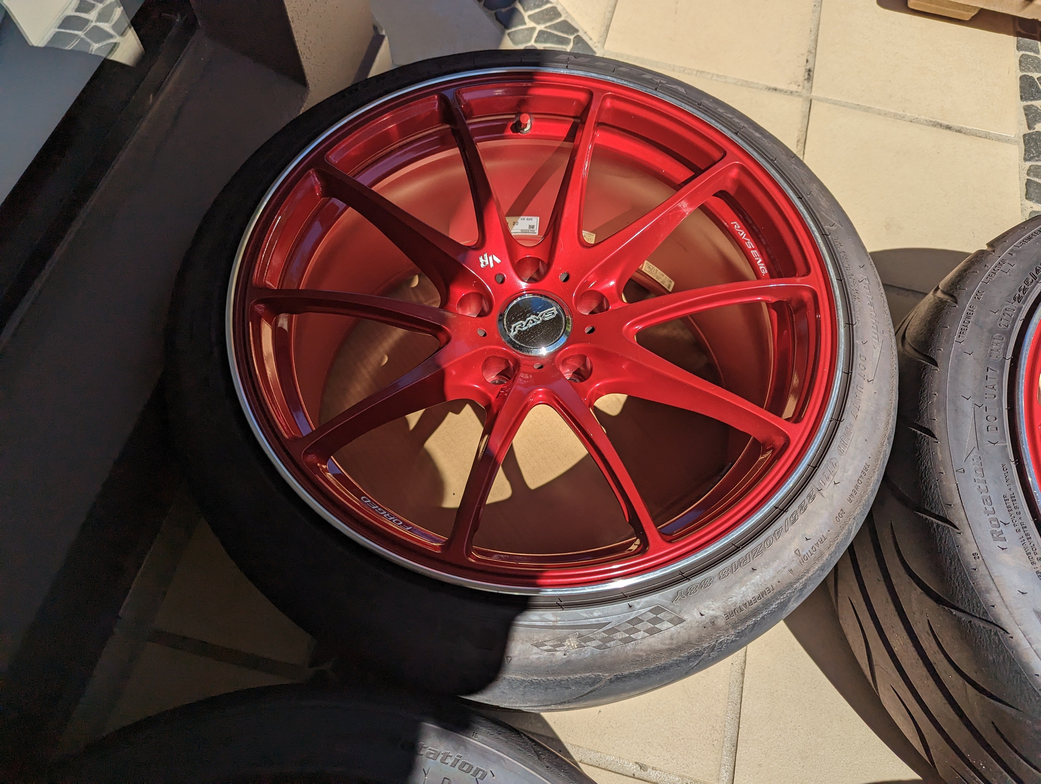 Rays Volk Racing G25 (Hyper Red) with Genuine Volk Racing Center Caps and Tyres - 5x114.3 - 18x9.5 +22