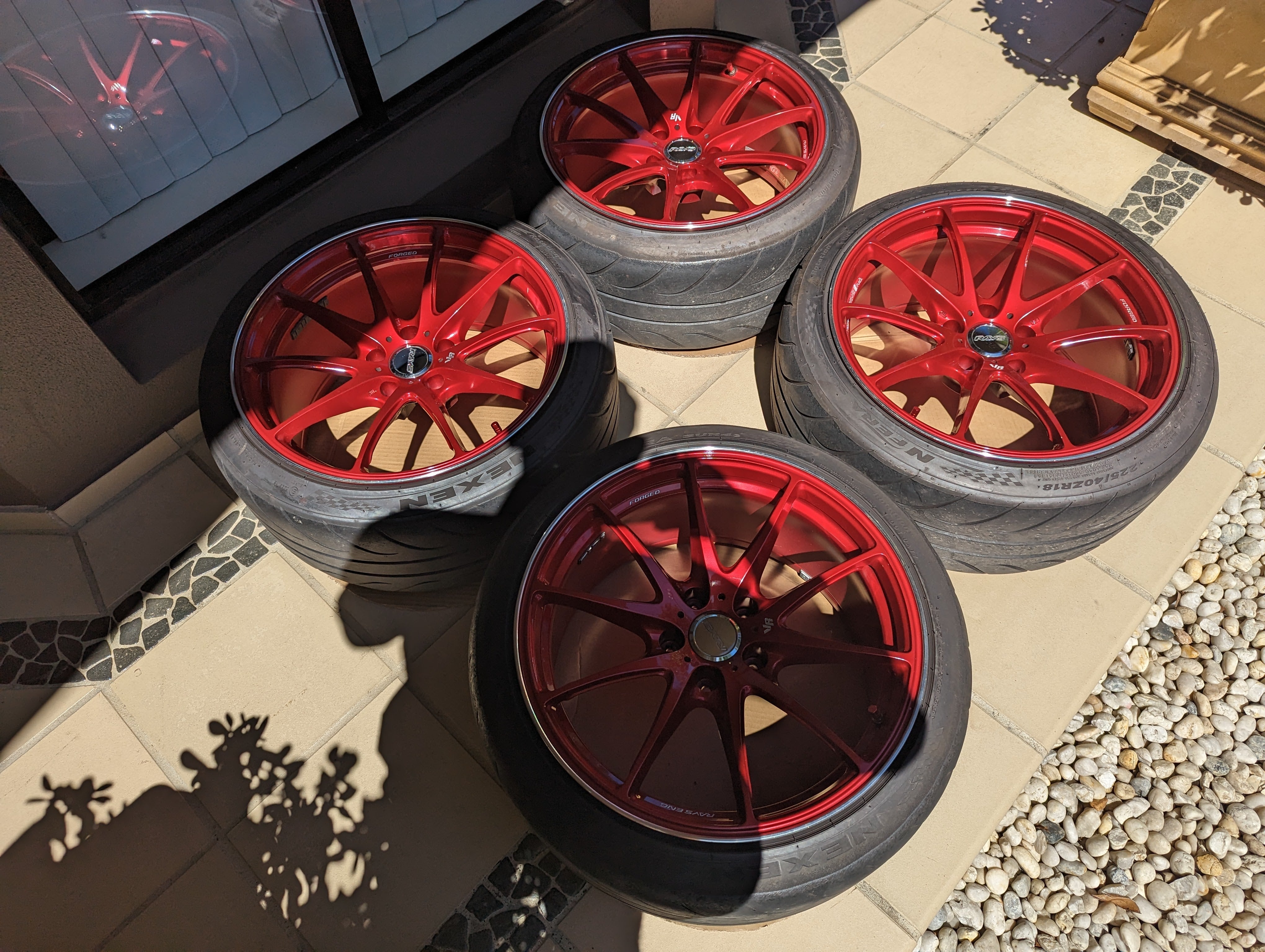 Rays Volk Racing G25 (Hyper Red) with Genuine Volk Racing Center Caps and Tyres - 5x114.3 - 18x9.5 +22