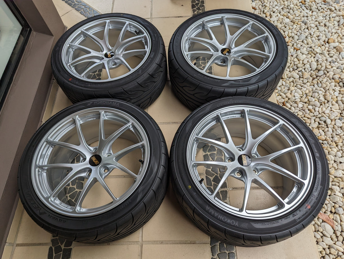 BBS Forged RIA (Diamond Silver) with New Yokohama AD08R Tyres and BBS Center Caps - 5x114.3 - 18x9.5 +35