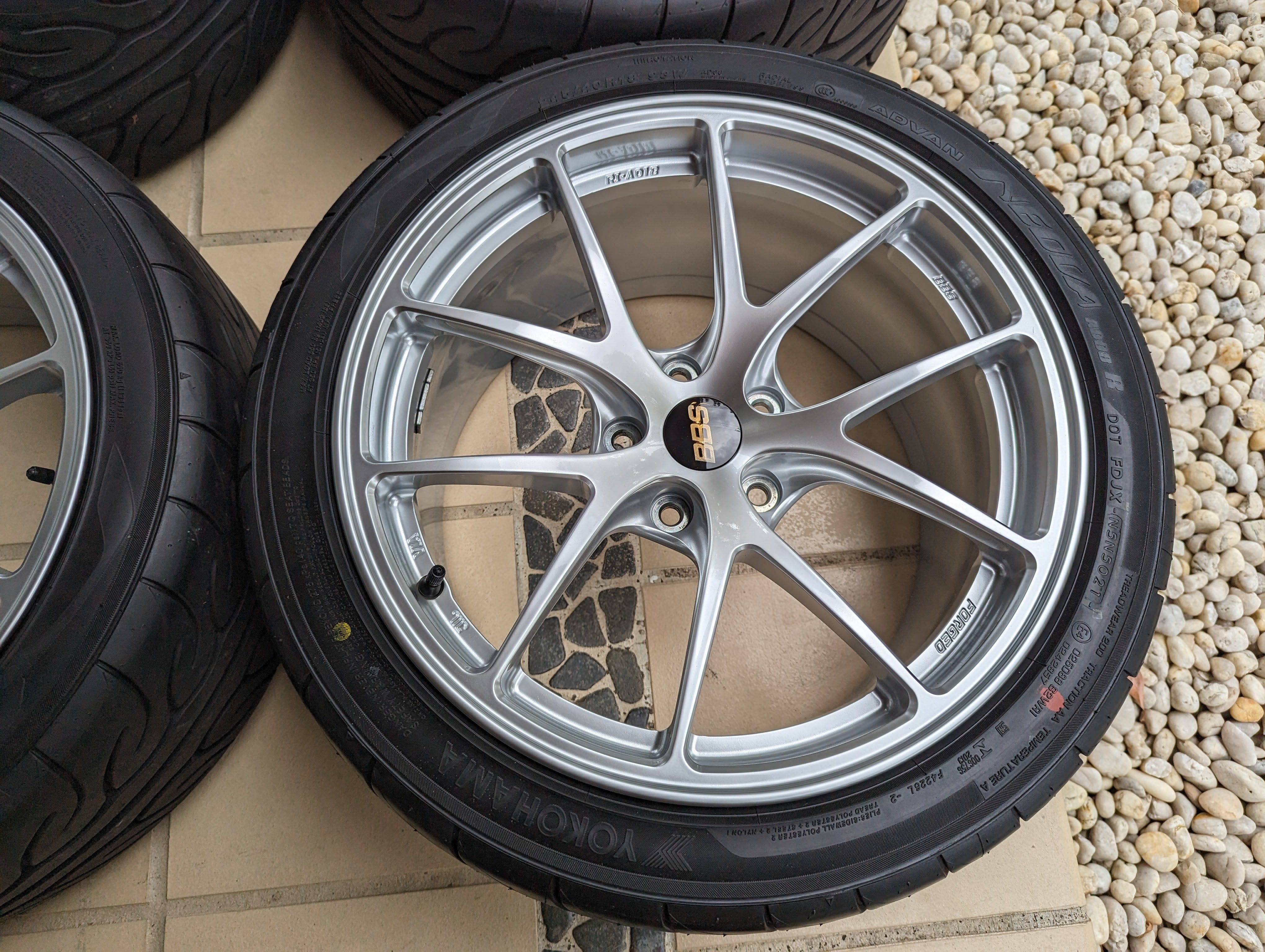 BBS Forged RIA (Diamond Silver) with New Yokohama AD08R Tyres and BBS Center Caps - 5x114.3 - 18x9.5 +35